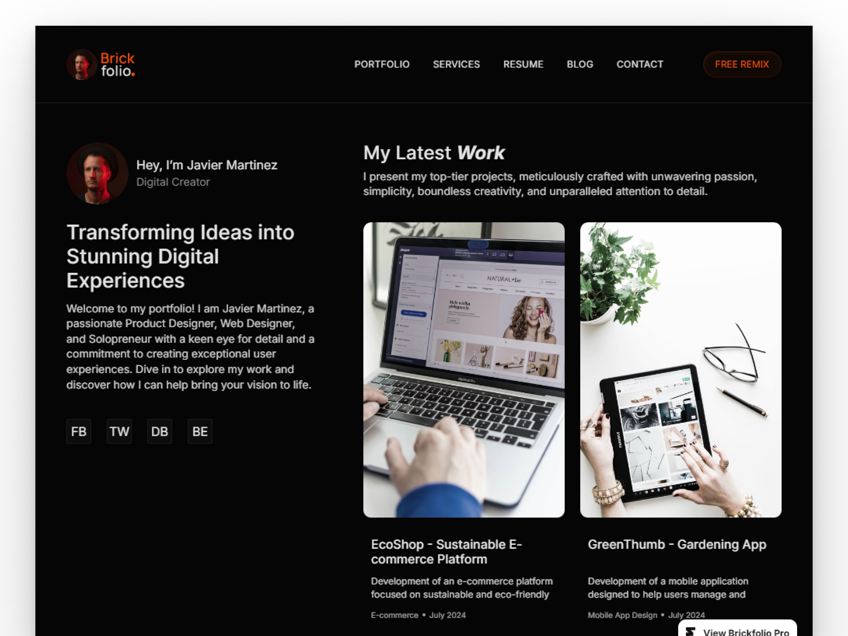 Screenshot of Brickfolio personal portfolio website website