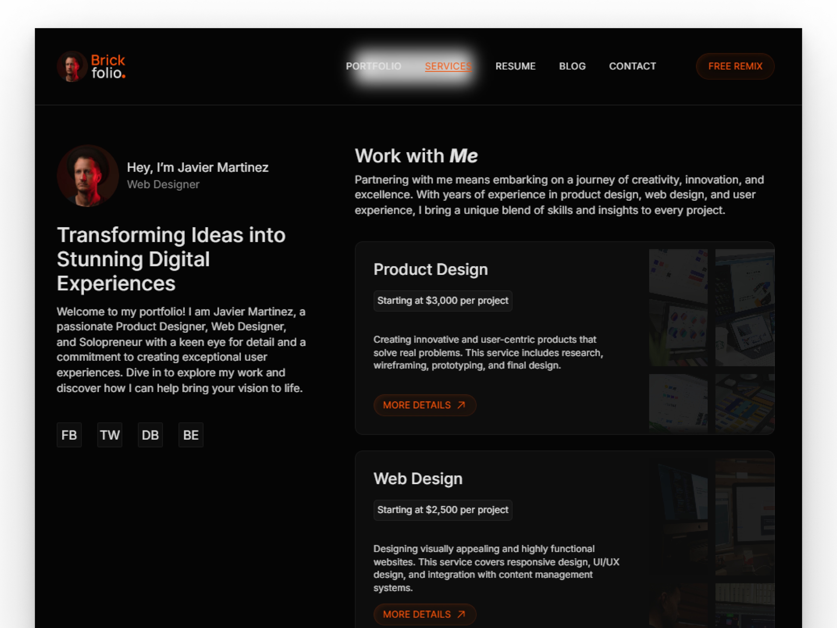 Screenshot 4 of Brickfolio personal portfolio website