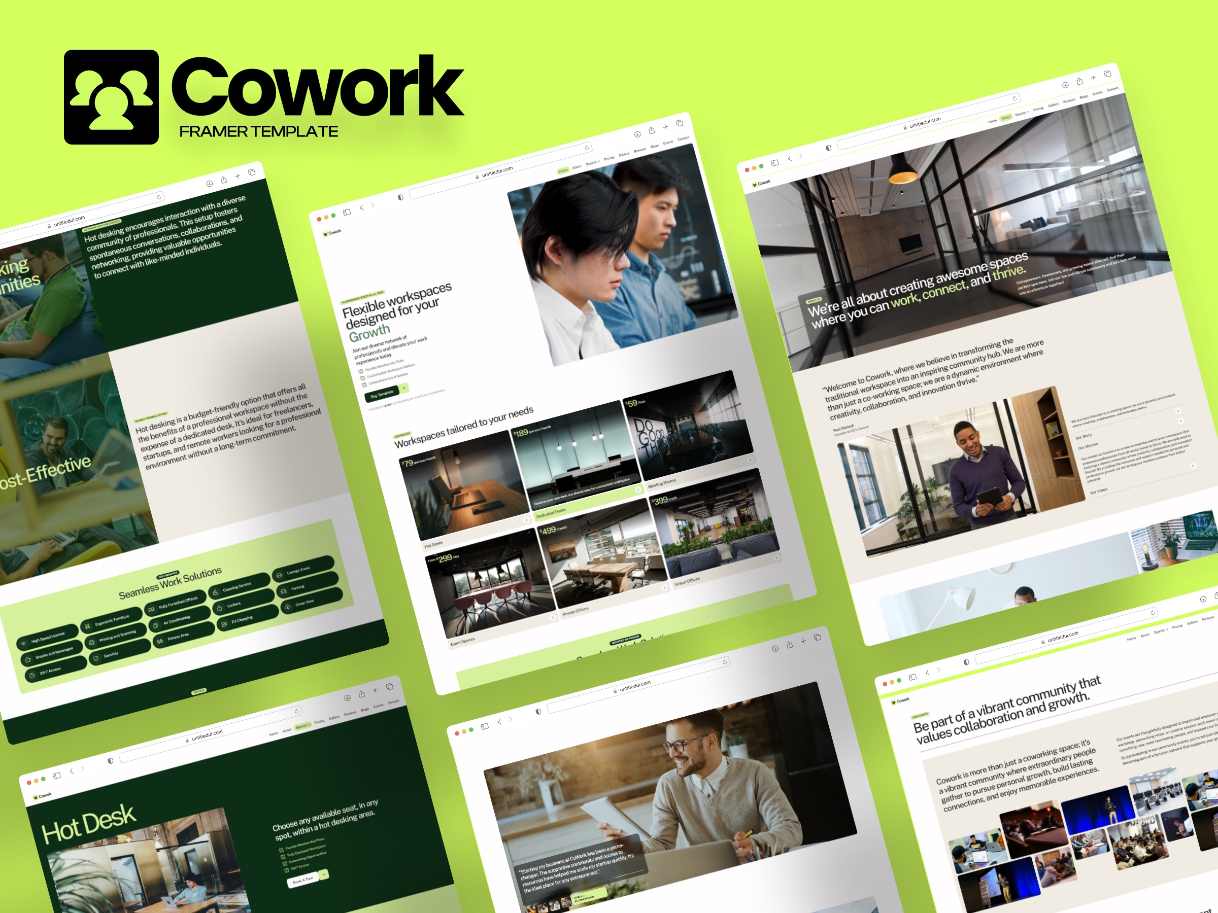 Screenshot of Cowork coworking shared workspace framer template website
