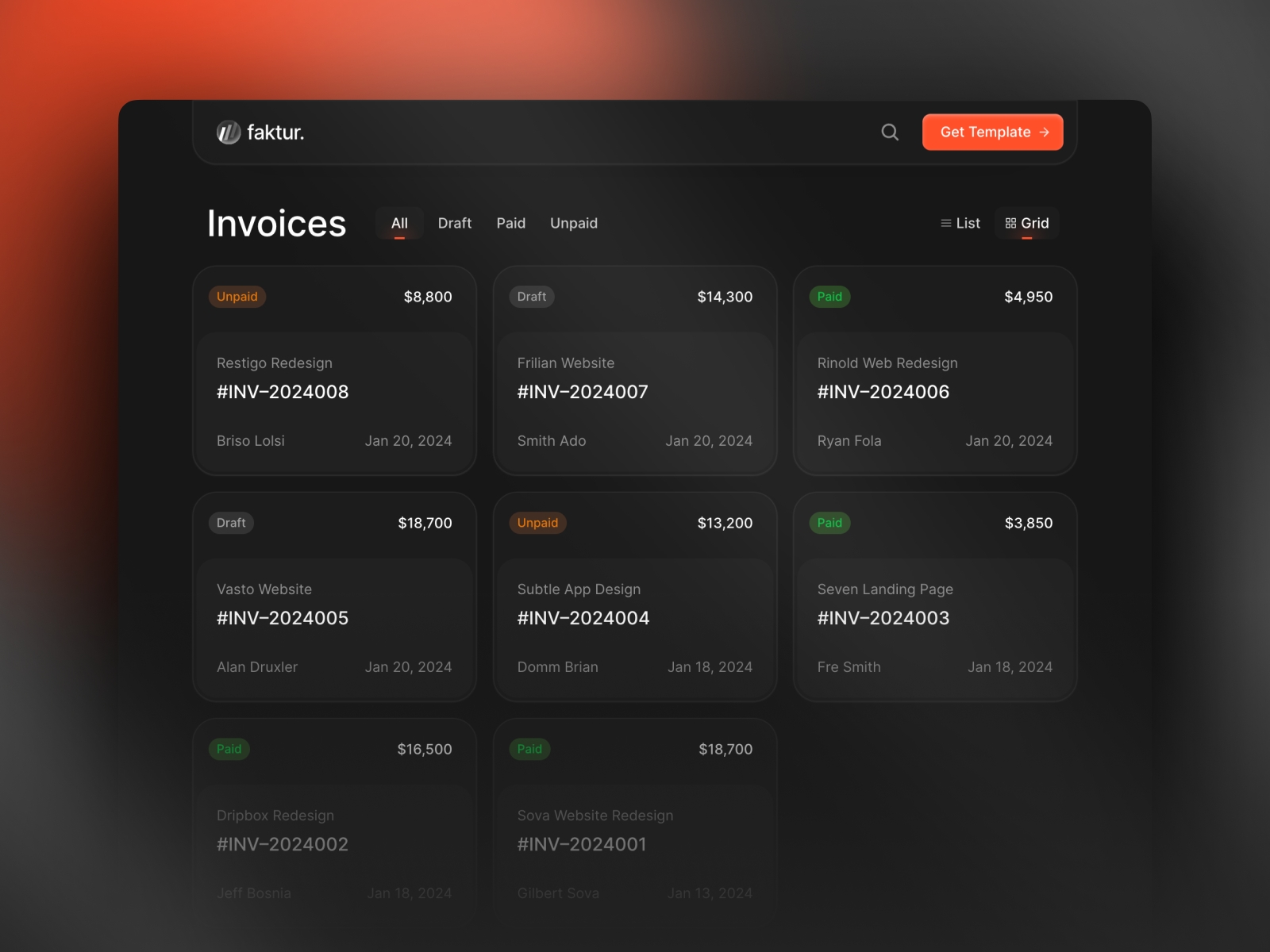 Screenshot of Faktur sleek invoice framer template website