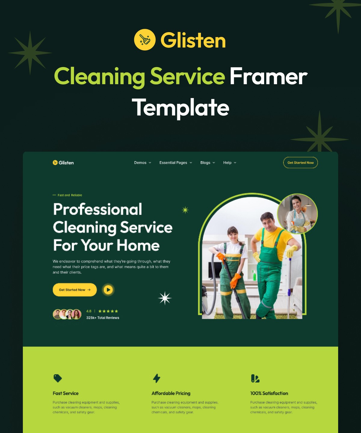 Screenshot of Glisten cleaning service framer template website