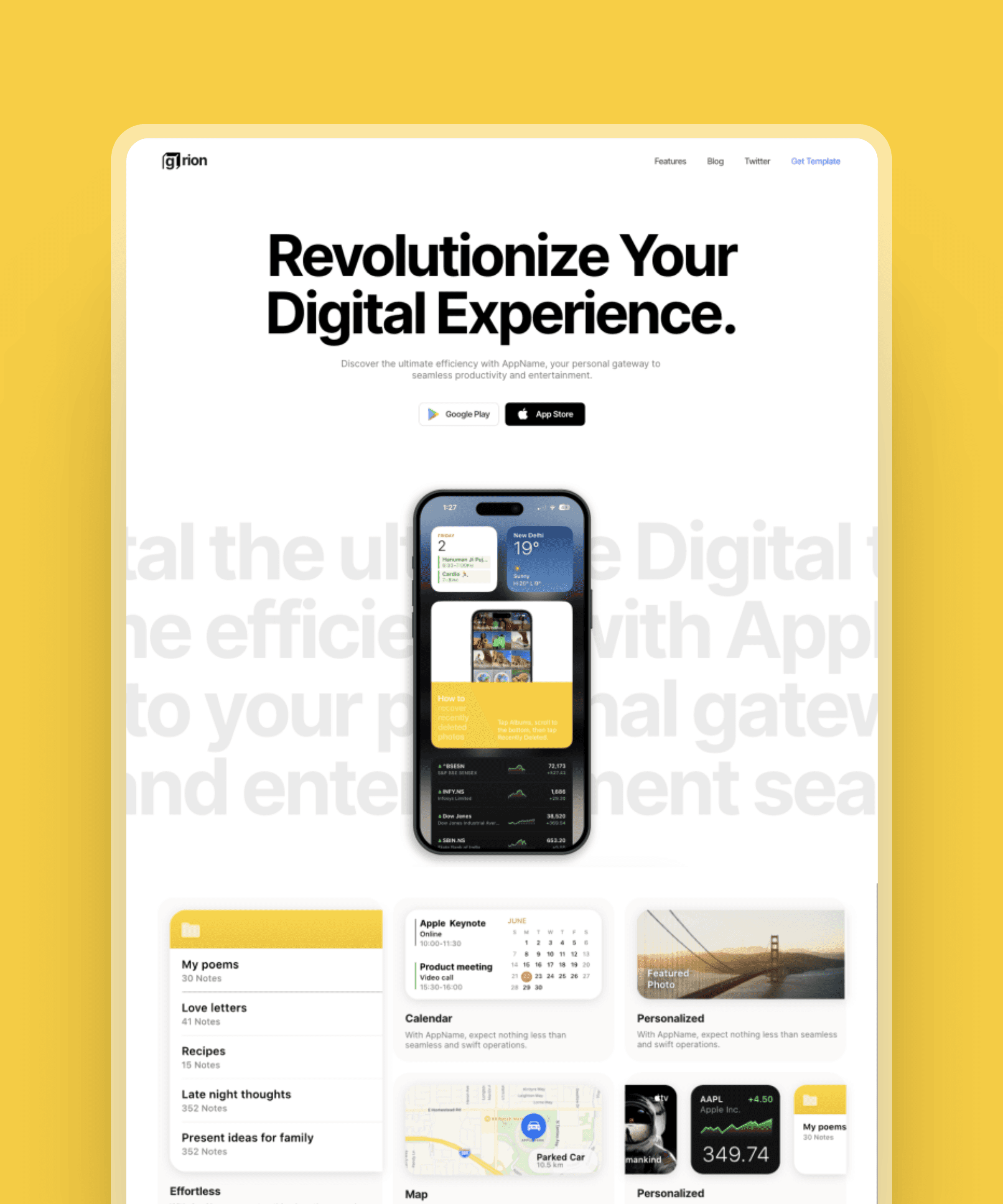Screenshot 1 of Grion mobile app website template