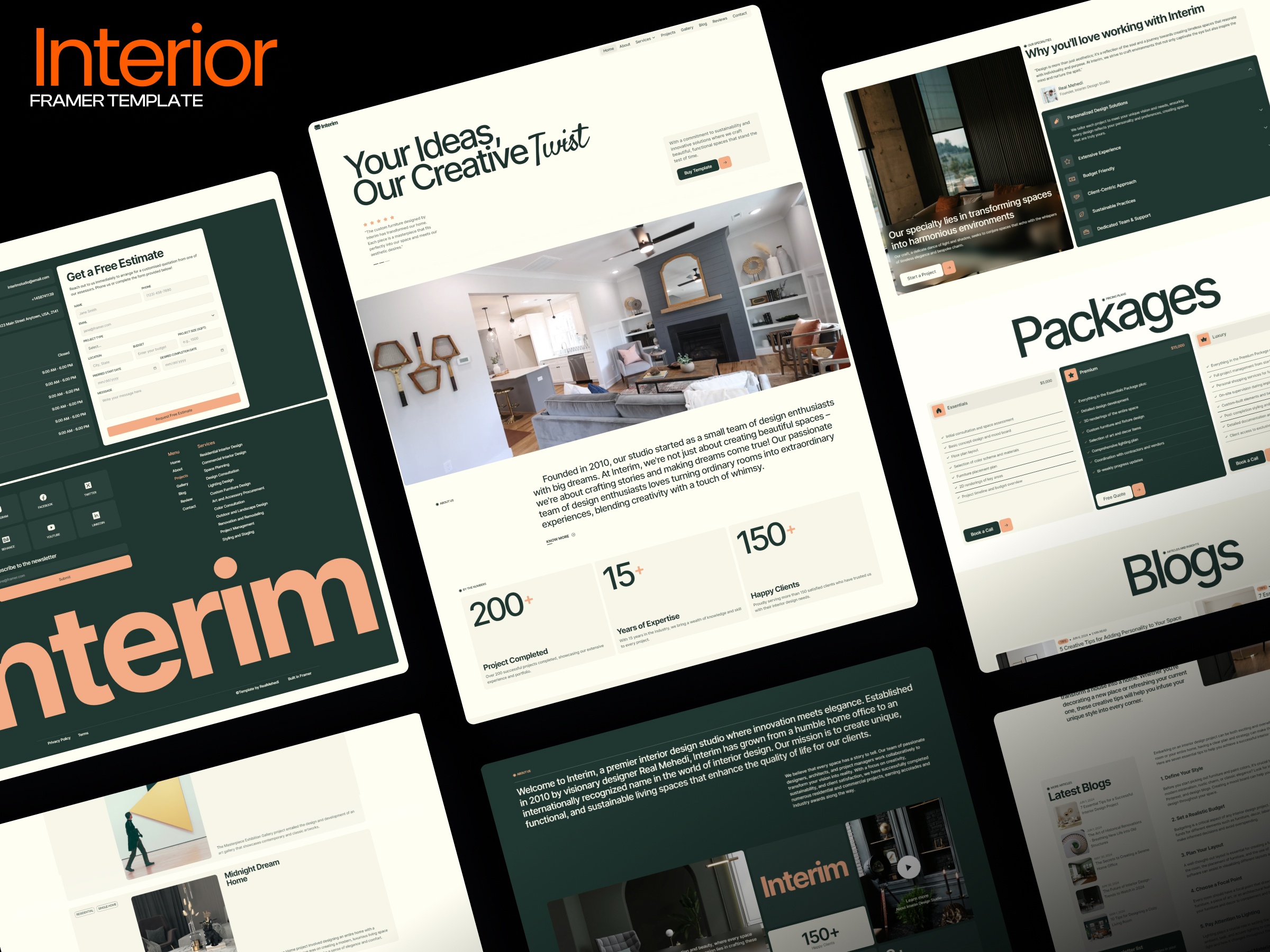 Screenshot of Interim interior design studio framer template website
