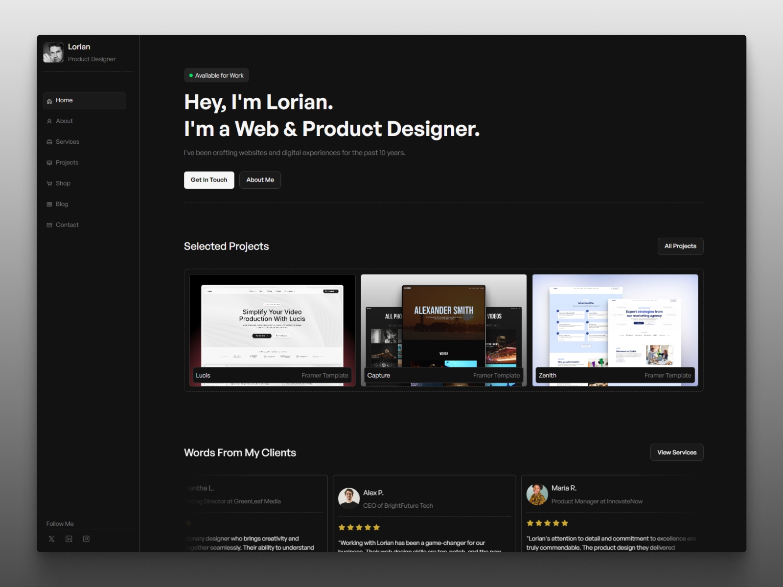 Screenshot of Kuro minimal portfolio template website