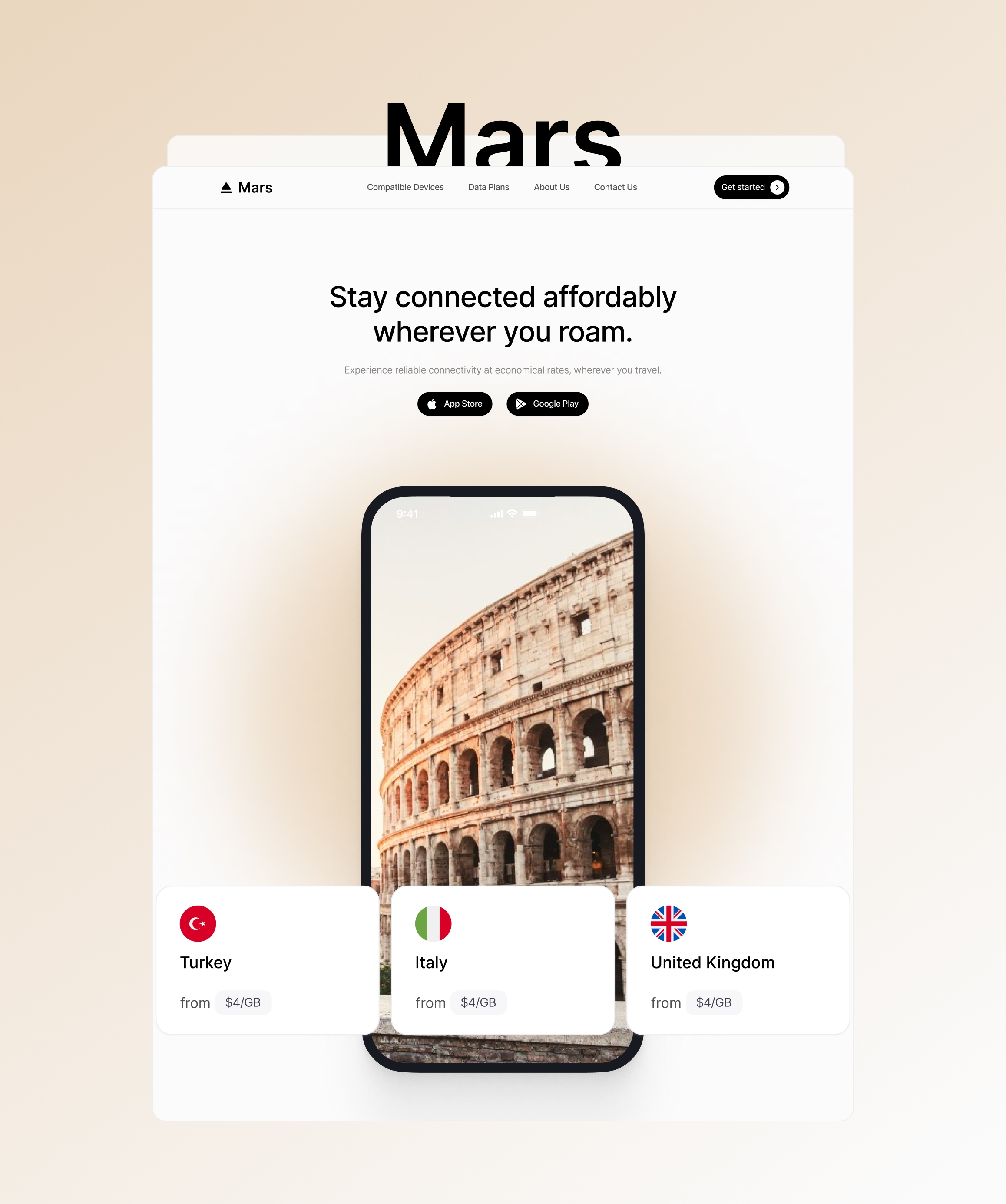 Screenshot of Mars website