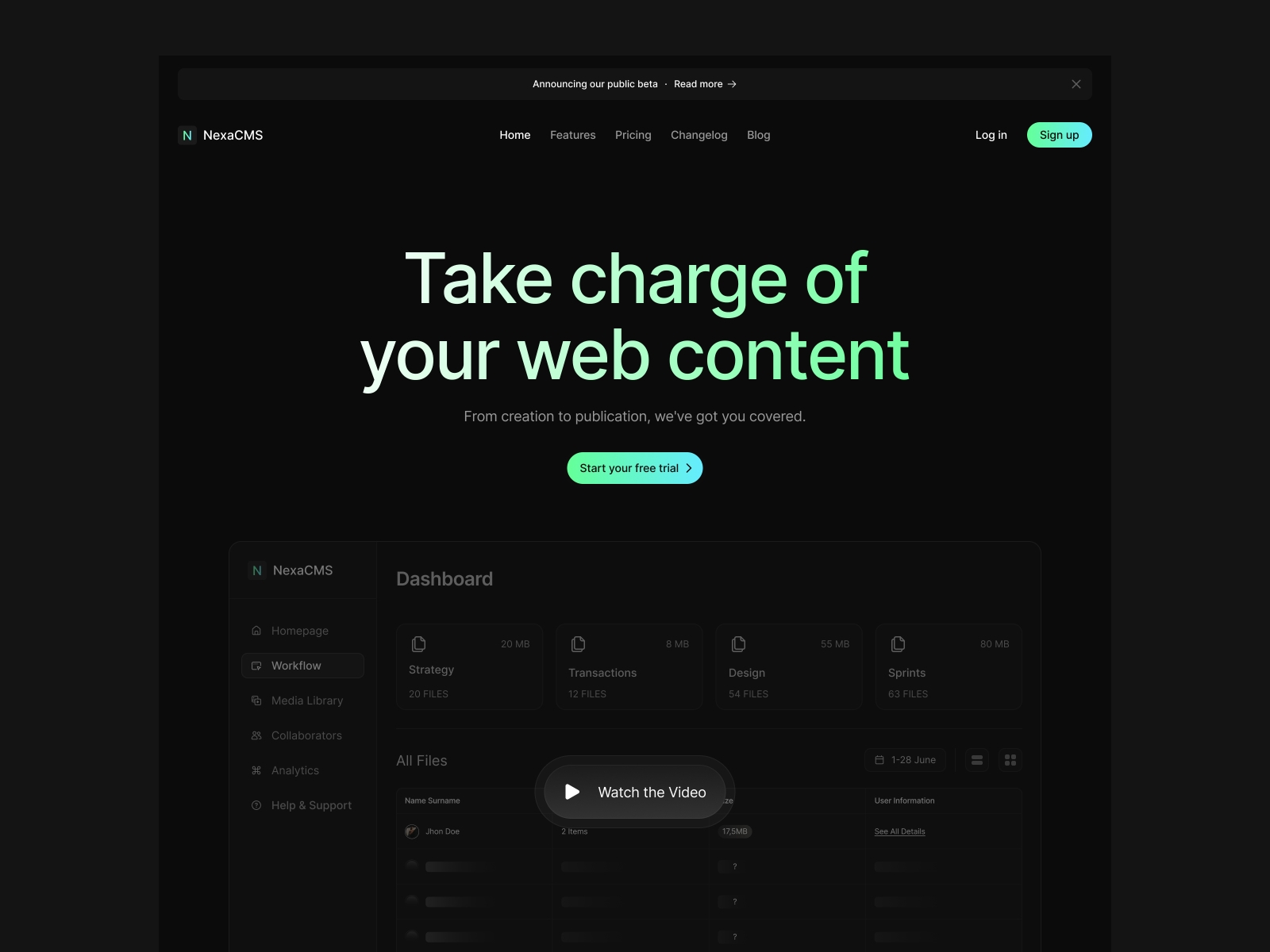 Screenshot of Nexacms website
