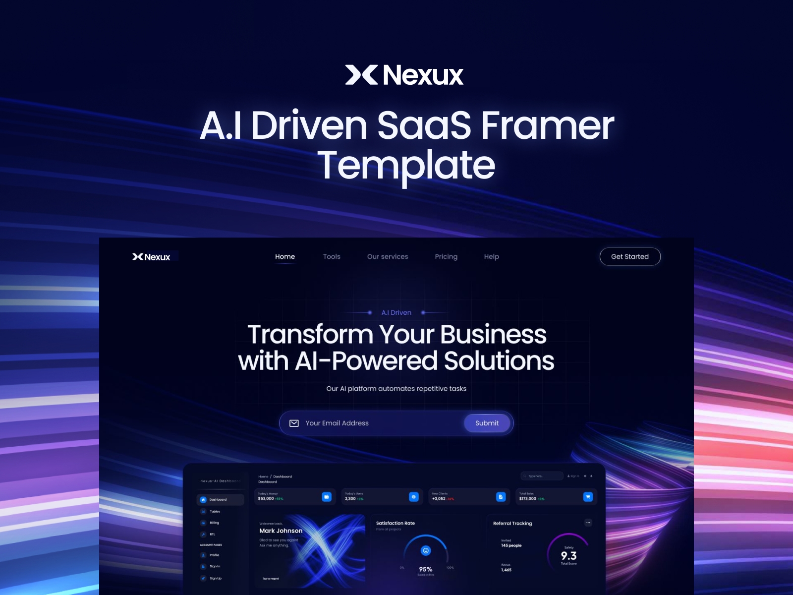 Screenshot of Nexux sass landing page framer template website