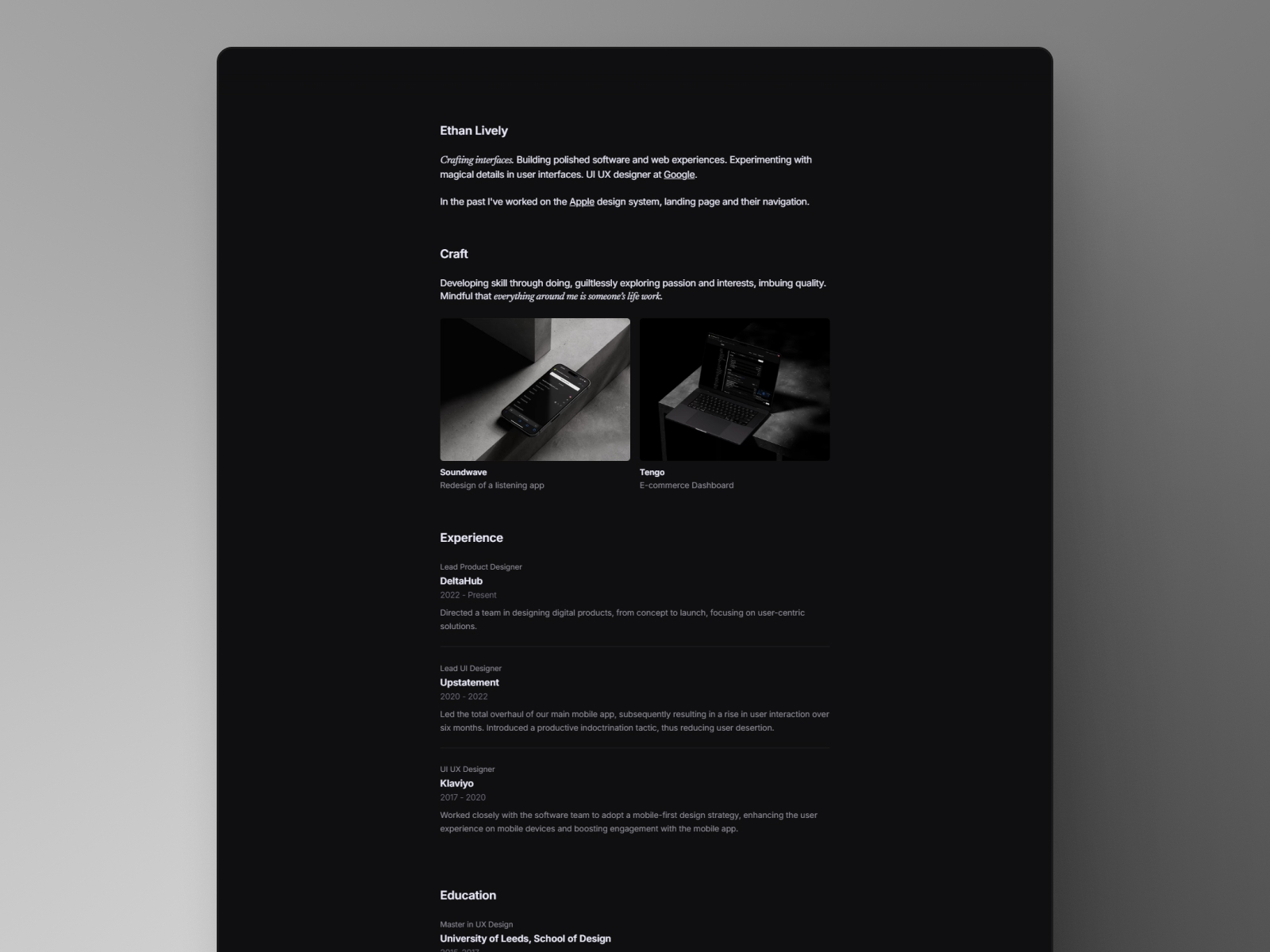 Screenshot of Noir profile website