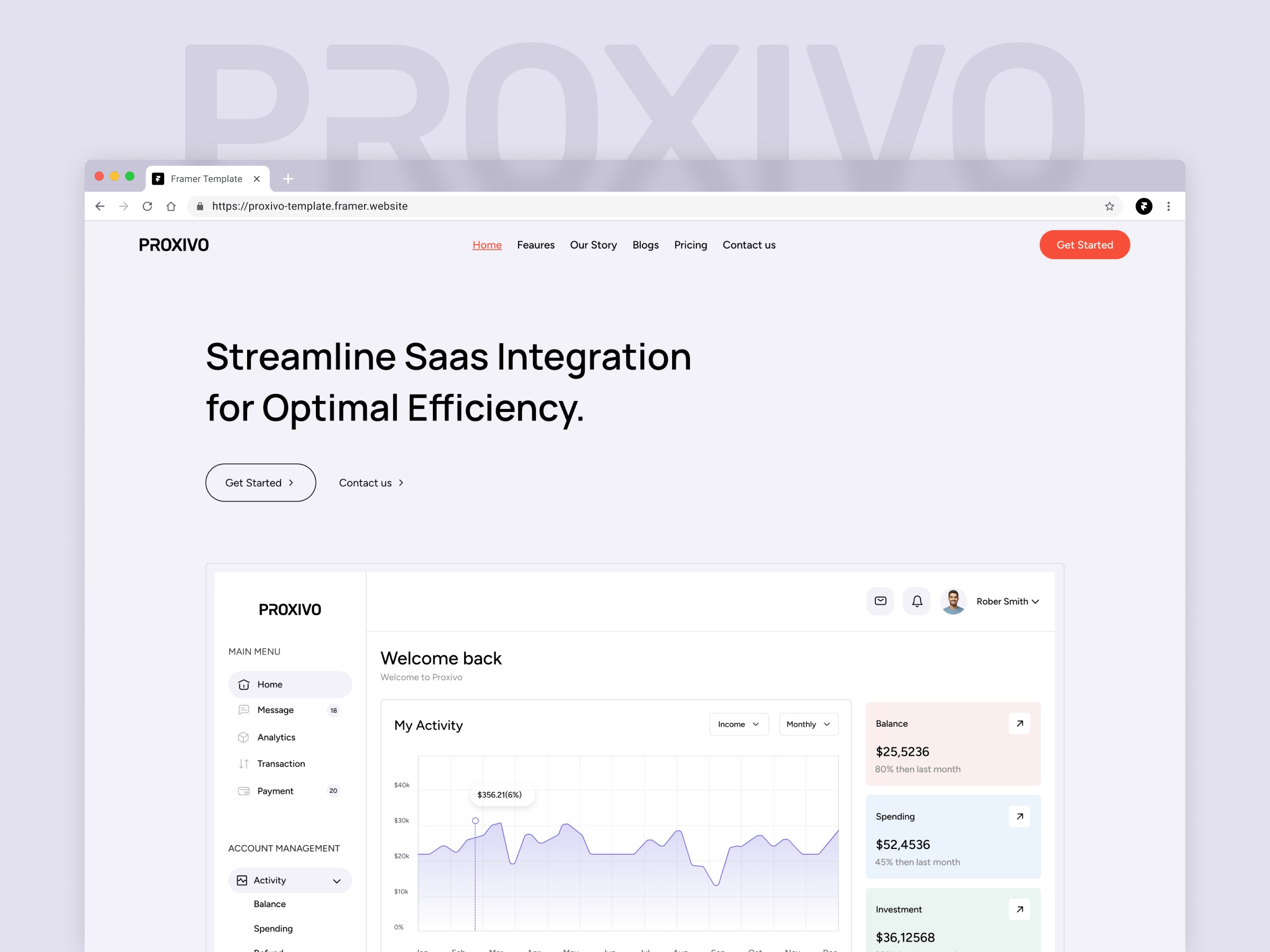 Screenshot of Proxivo saas startup framer template website