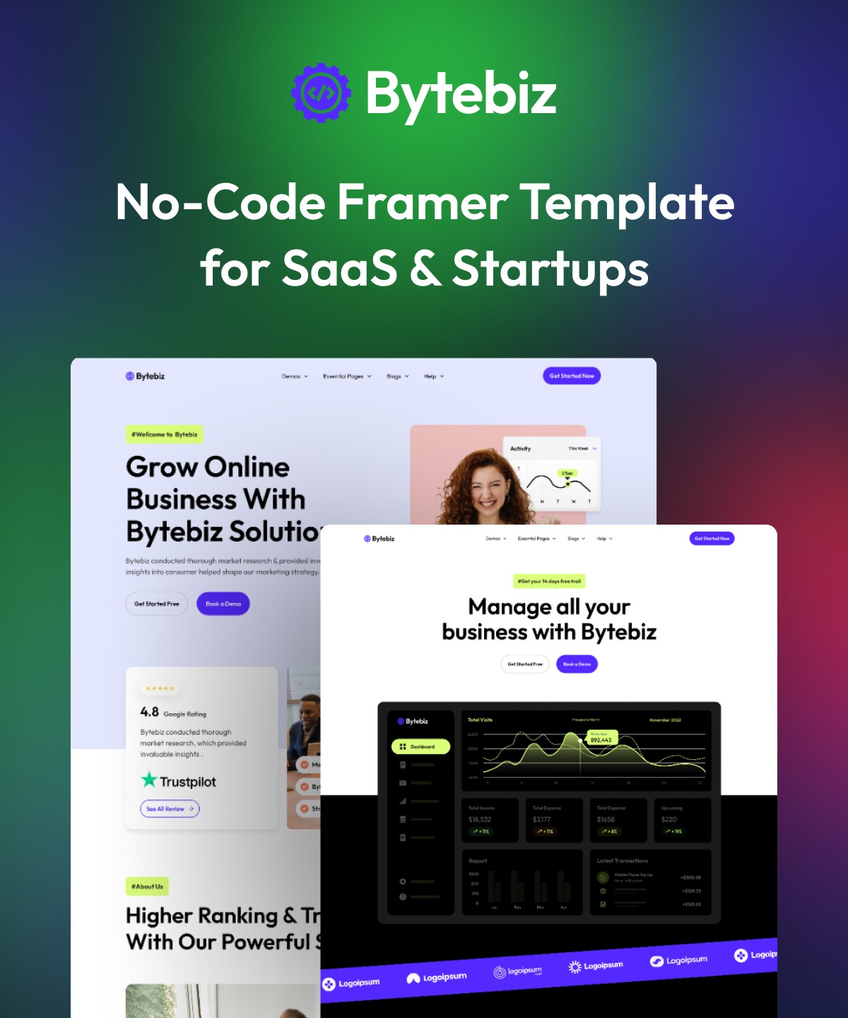 Screenshot of Saas startups framer template website