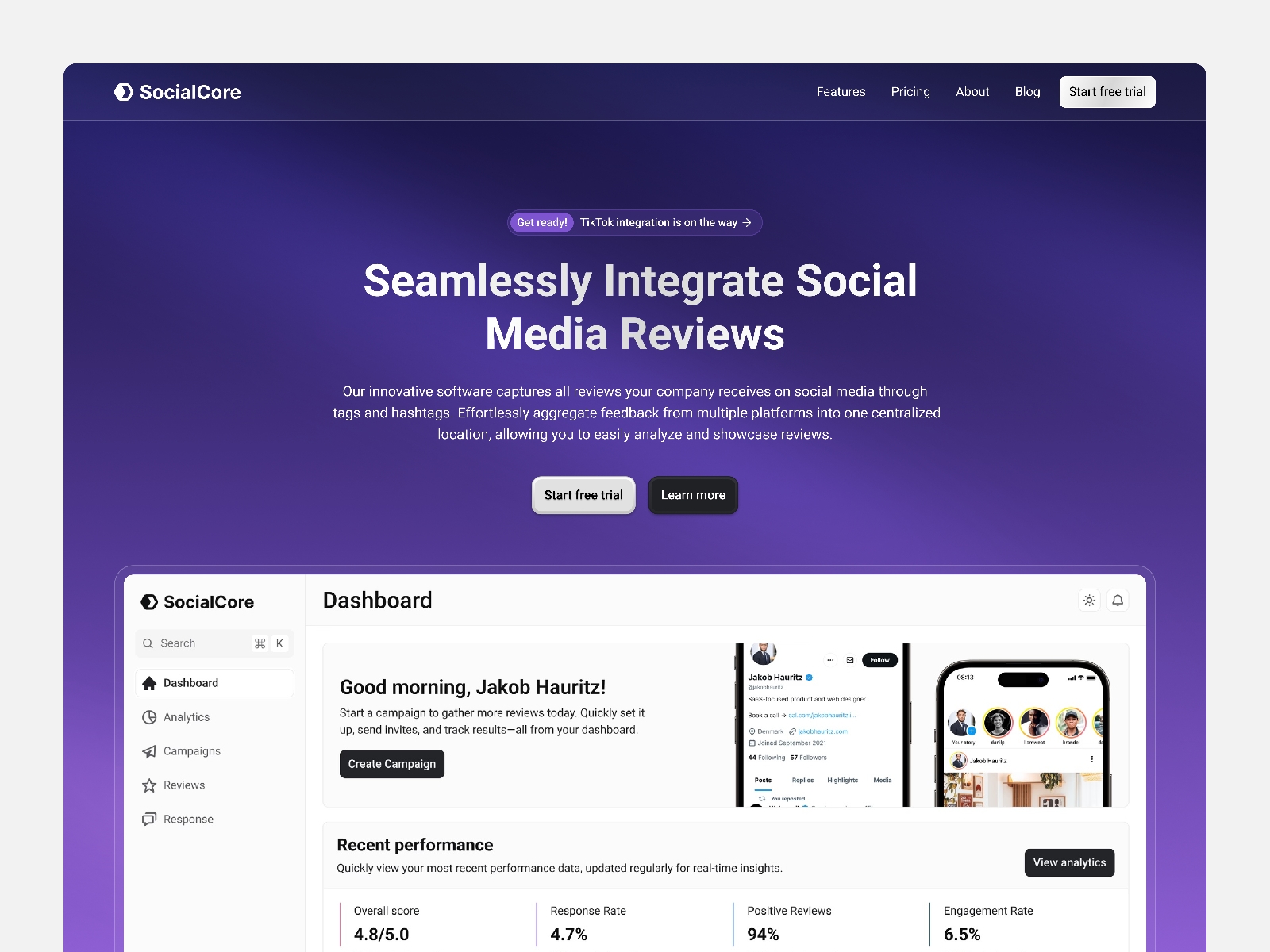 Screenshot of Socialcore website