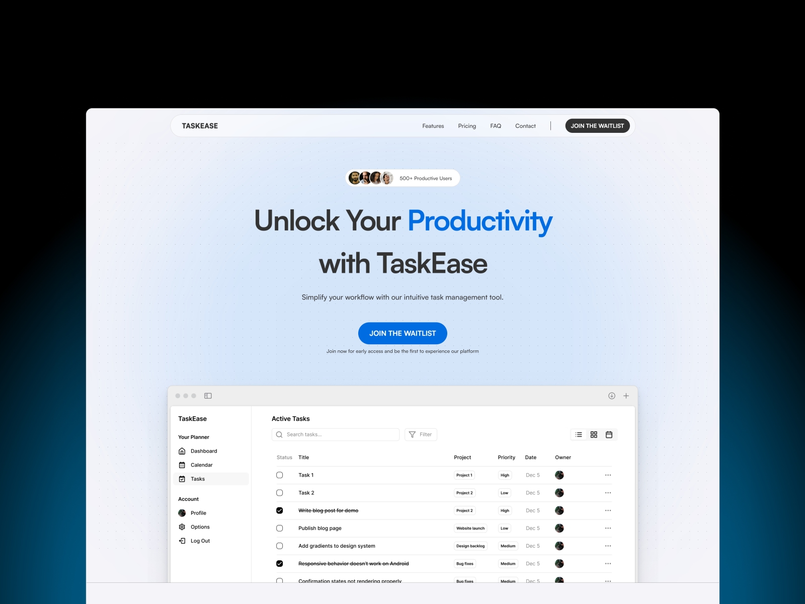 Screenshot of Taskease website