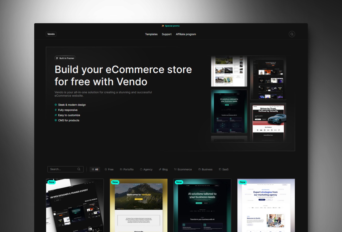 Screenshot of Vendo website