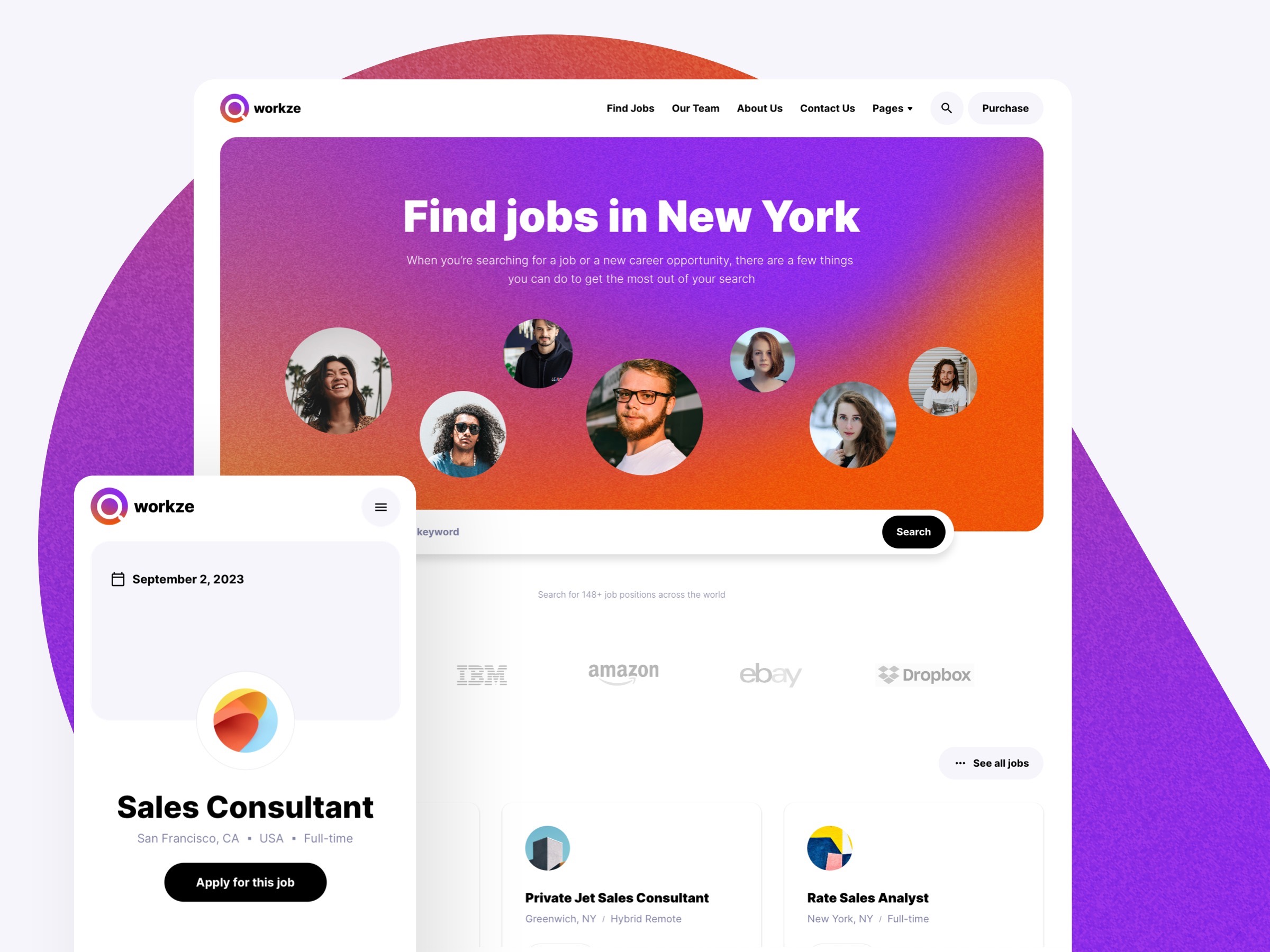 Screenshot of Workze job board template for framer website
